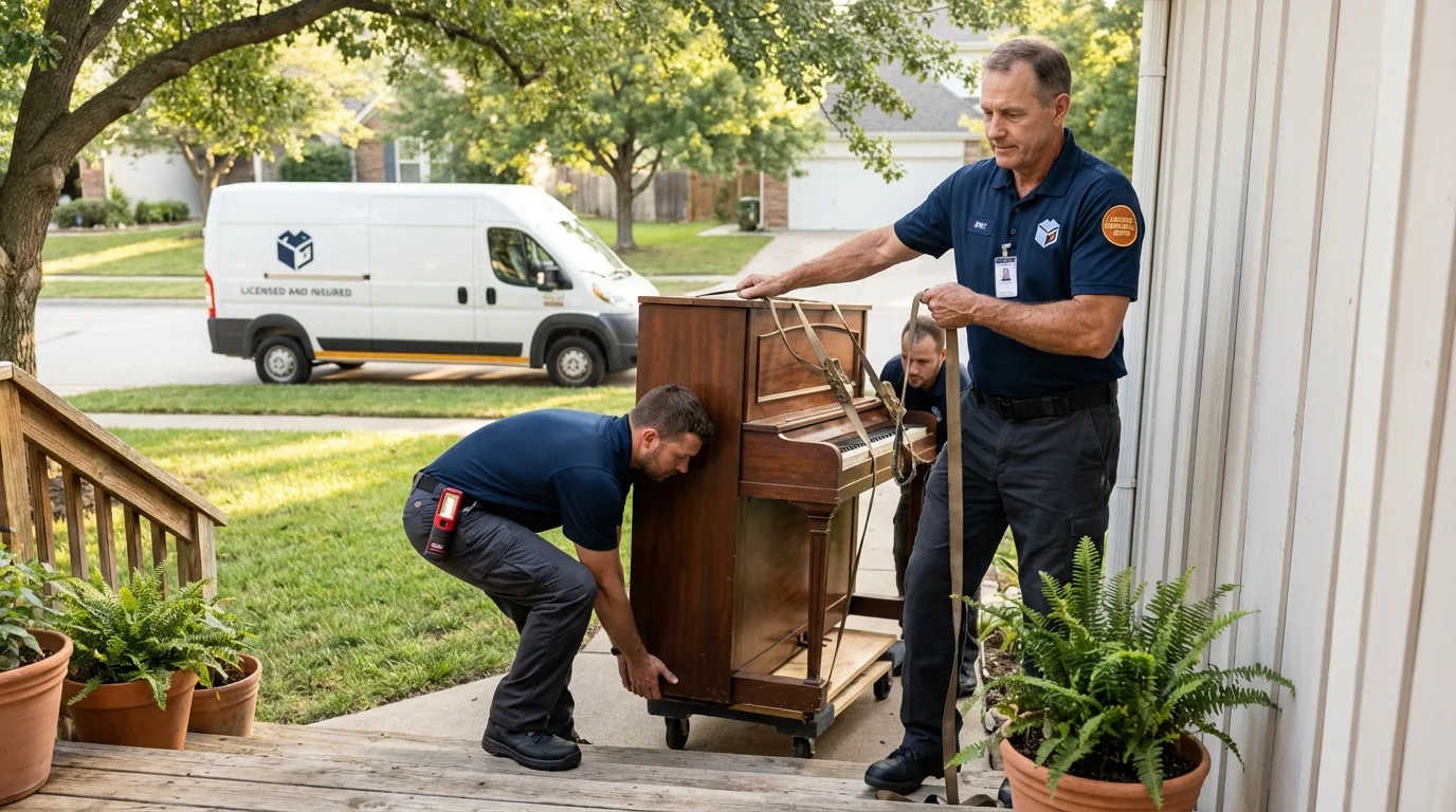 Licensed piano movers securing grand piano in White Cloud, MI