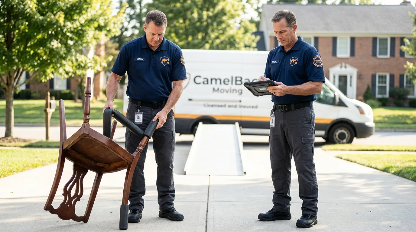 Movers inspecting furniture for damage prevention before loading in White Cloud, MI